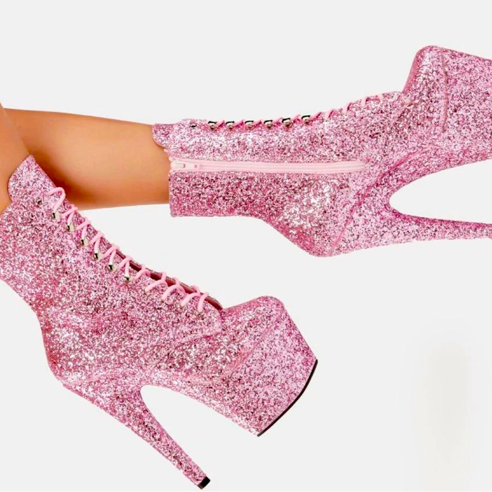 Pleaser adore pink glitter womens heel calf boot sz 7 nwt